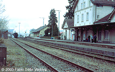 Zum Vergrößern klicken - Einfahrt des Sonderzuges mit 52 7596 aus Richtung Roßberg in Bad Waldsee. Das linke Gleis ist nicht mehr befahrbar (06. April 2003)