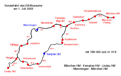 Zum Vergrößern klicken - Fahrweg des Sonderzugs von München nach Lindau und zurück. Hinfahrt über Kempten, Rückfahrt über Memmingen (01.06.2003).