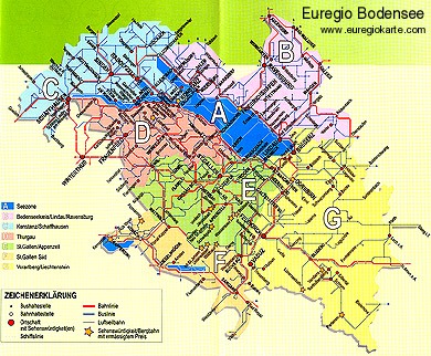 Zum Vergrößern klicken - Zonenplan der Tageskarte Euregio Bodensee (Mit freundlicher Genehmigung der Geschäftsstelle Tageskarte Euregio Bodensee. Weitere Informationen unter www.euregiokarte.com ).