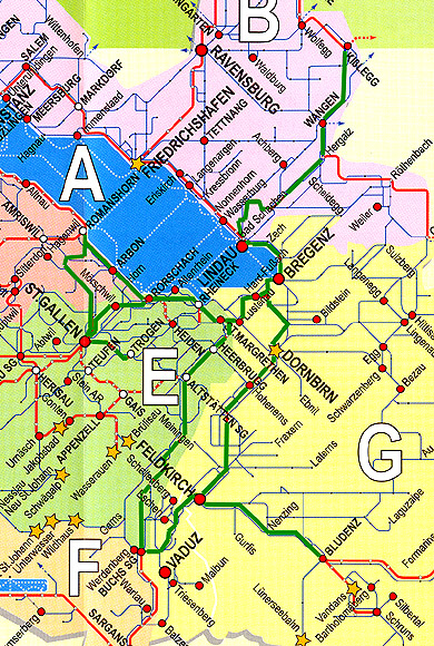 Zum Vergrößern klicken - Die grüne Linie markiert die Reiseroute dieser Exkursion durch die Euregio Bodensee (September 2002).