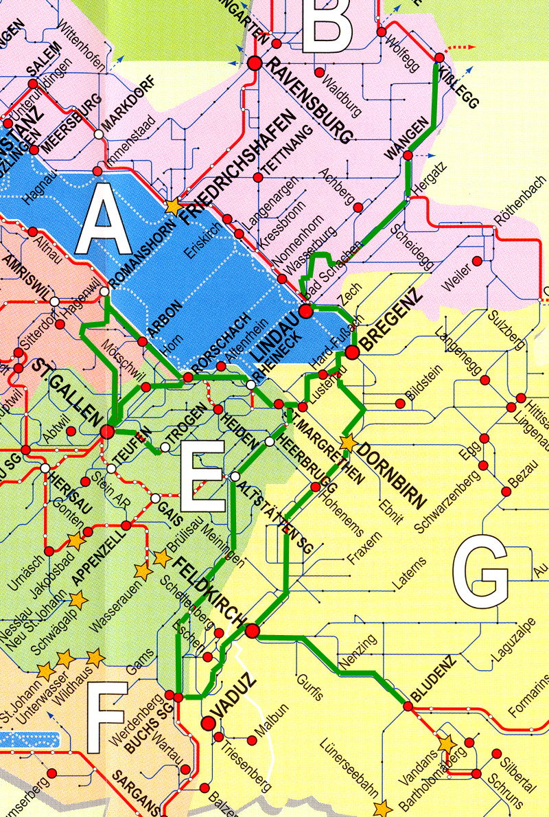 Die grüne Linie markiert die Reiseroute dieser Exkursion durch die Euregio Bodensee (September 2002).