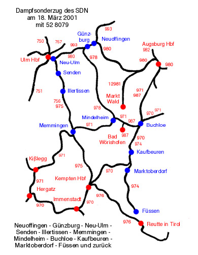 Zum Vergrößern klicken - Die interessante Fahrtroute des Ludwig-Expreß am 18. März 2001 von Neuoffingen nach Füssen und zurück. Die Lok mußte auf der Hin- und Rückfahrt je dreimal umsetzen, nämlich in Neu-Ulm, Memmingen und Buchloe. 