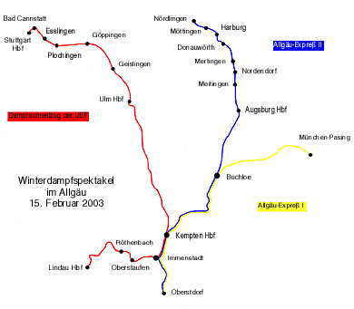 Zum Vergrößern klicken - Die Zugläufe des Winterdampfspektakels im Allgäu am 15. Februar 2002.