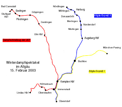 Zum Vergrößern klicken - Die Zugläufe des Winterdampfspektakels im Allgäu am 15. Februar 2002.