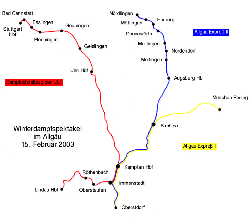Die Zugläufe des Winterdampfspektakels im Allgäu am 15. Februar 2002.